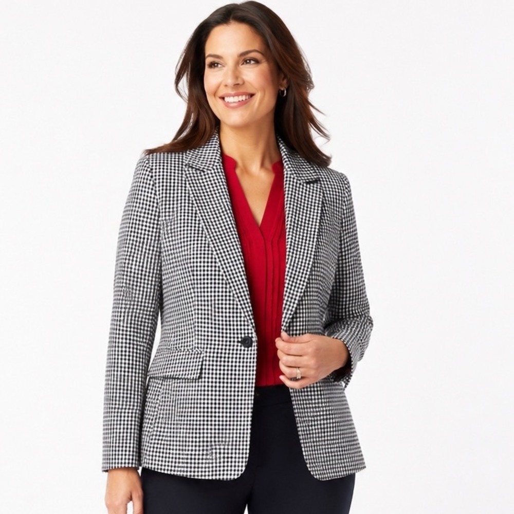 Nine West Andalusia Navy White Gingham Blazer Jacket Womens 10 New 10680530-3ZA